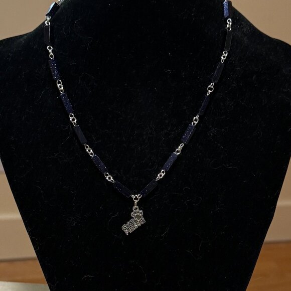 Dark Blue Goldstone Short Necklace w/ Silver Cat Person Paw Print Charm - Picture 3 of 14